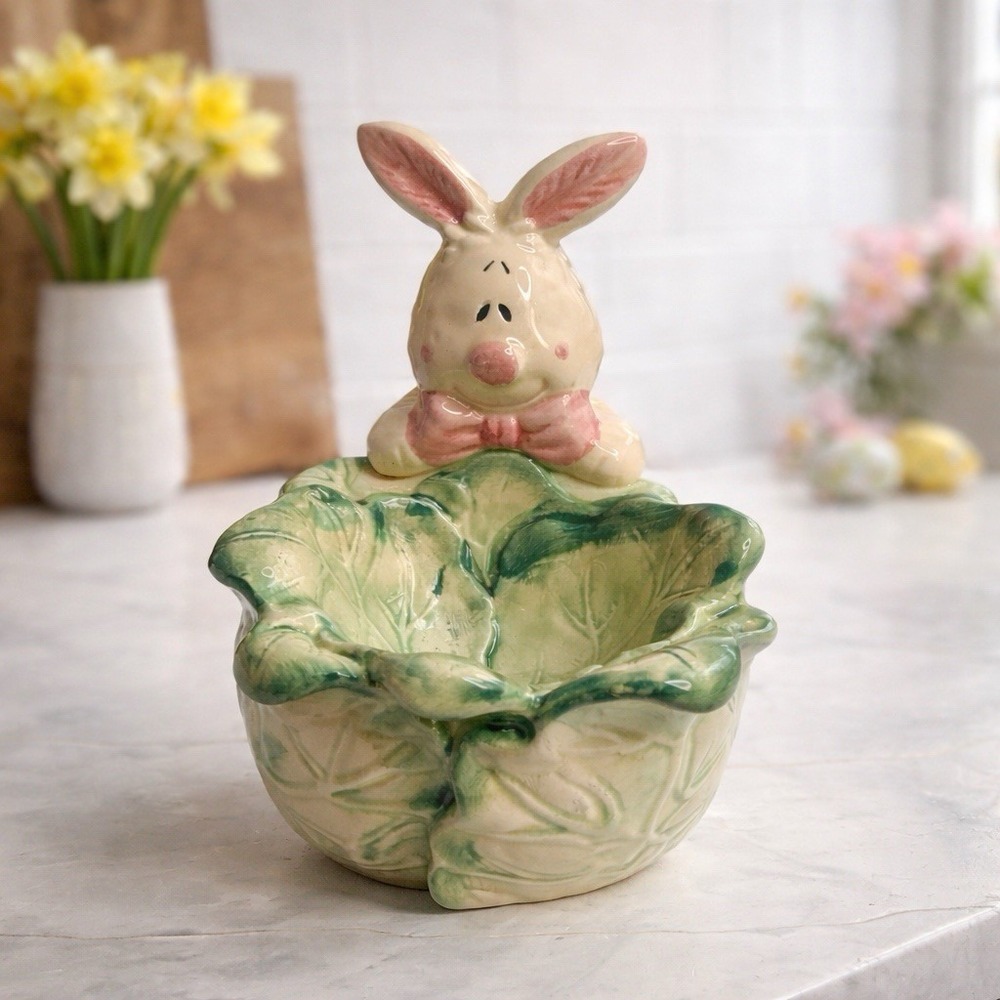 Vintage Style Ceramic Bunny Cabbage Bowl Candy Easter Spring Decor‎ 6" Tall